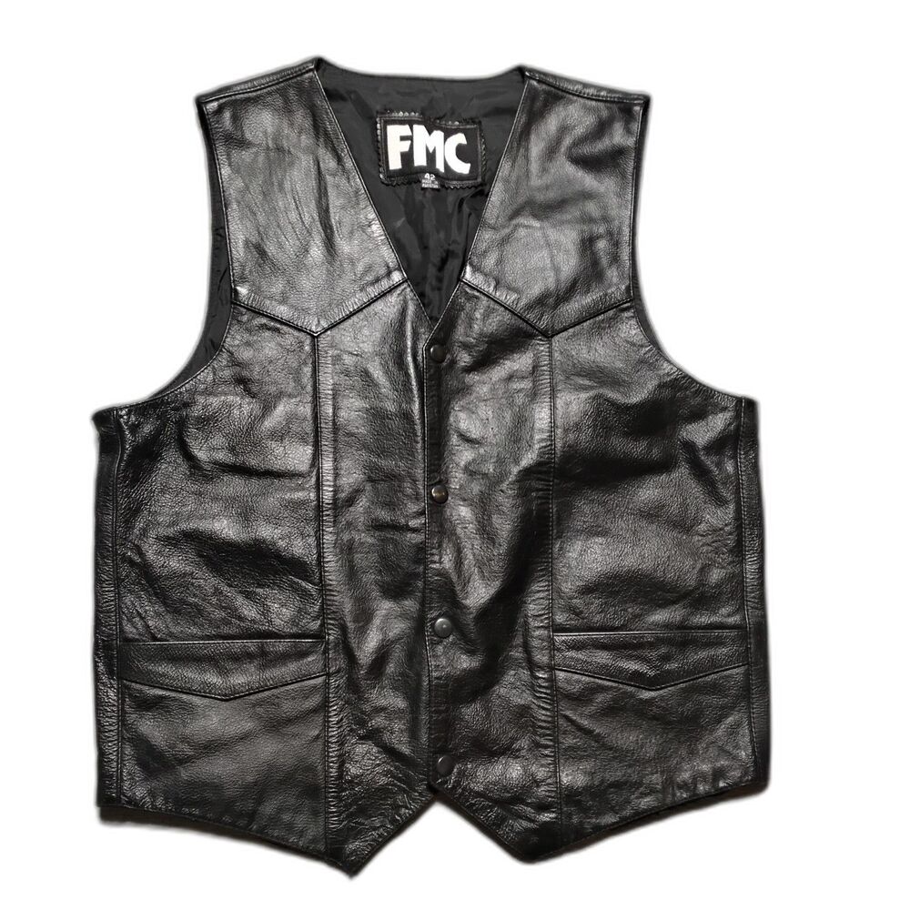 FMC Men's Size 42 Black Leather Motorcycle Vest Biker Vest